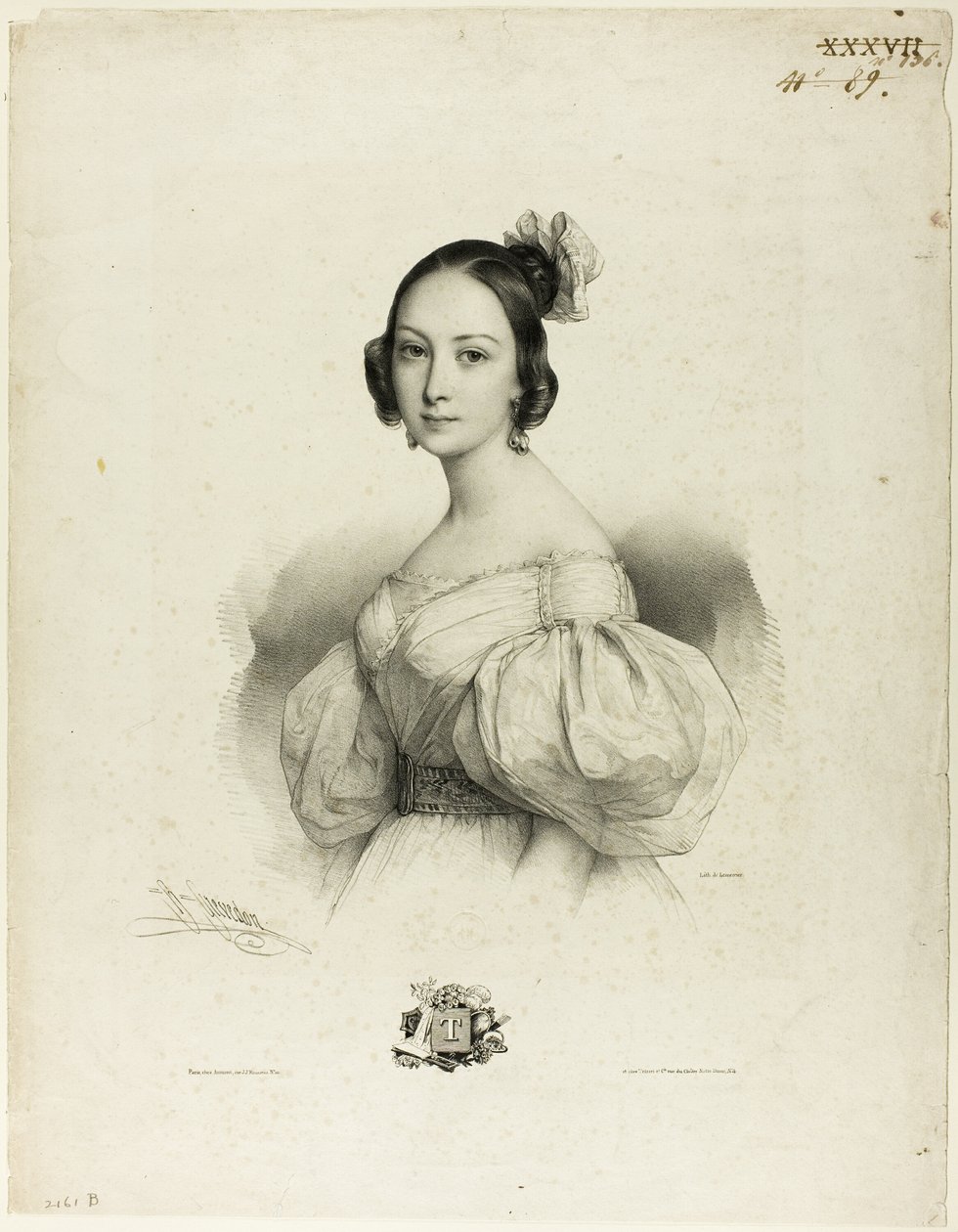 Bokstaven "T" fra Le Miroir des Dames, eller New French Alphabet av Pierre Louis Henri Grevedon