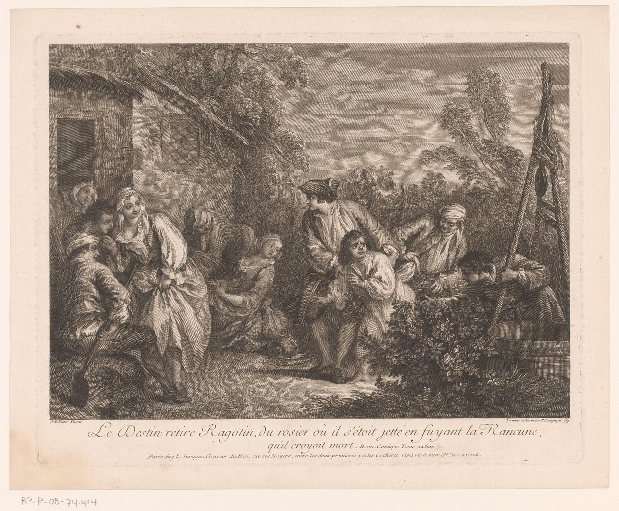 Ragotin bevlucht i en rosynstruik Skjebnen trekker Ragotin fra rosebusken som han hadde kastet seg inn i mens han flyktet fra La Rancune, som han trodde var død. Scener fra Roman Comique van Scarron (serietittel) av Pierre Louis Surugue