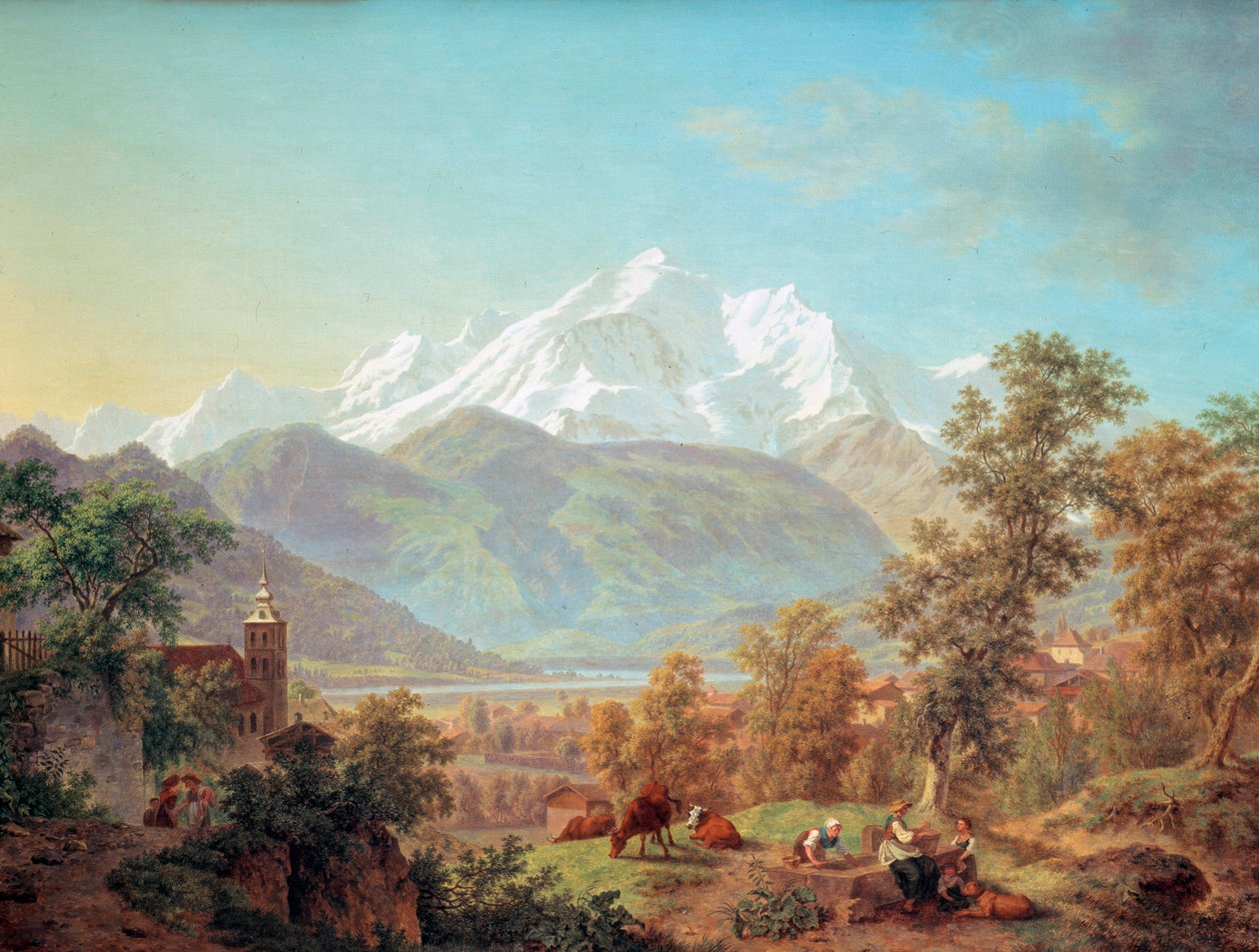 Le Mont-Blanc sett fra Sallanches ved solnedgang Maleri av Pierre Louis av kysten (1753-1817) 1802 Musee d? kunst og d? historien til byen Genève Sveits av Pierre Louis de La Rive