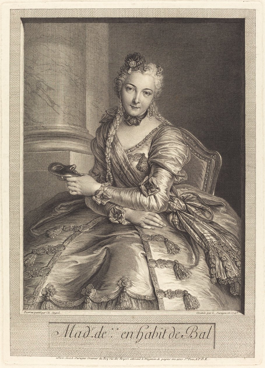 Fru de M ... i ballkjole av Pierre Louis de Surugue after Charles Antoine Coypel