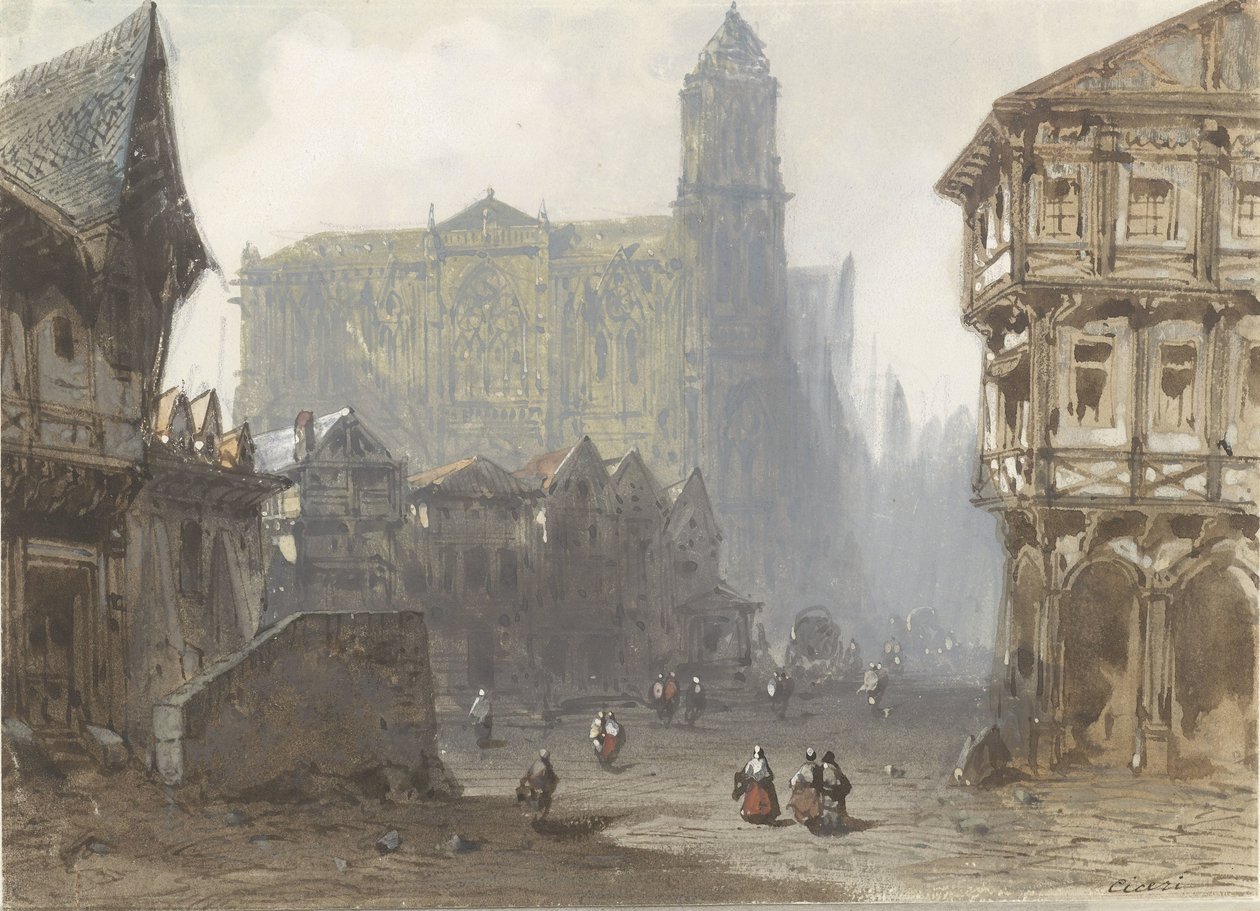 Den gamle markedsplassen i Rouen av Pierre Luc Charles Ciceri