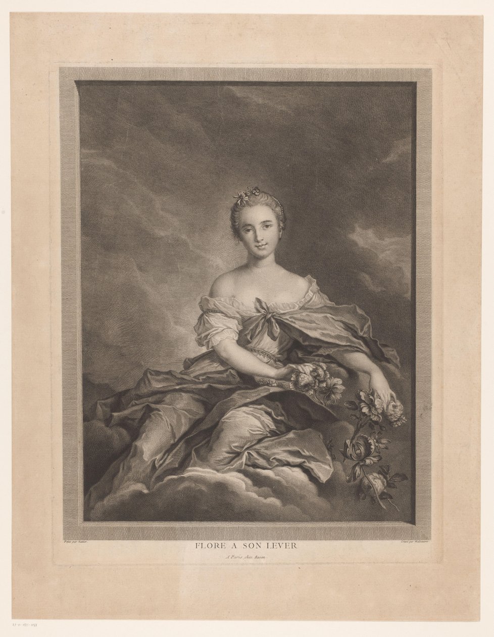 Flora på skyer med blomster i hånden Flore a son spak (tittel på objekt) av Pierre Maloeuvre