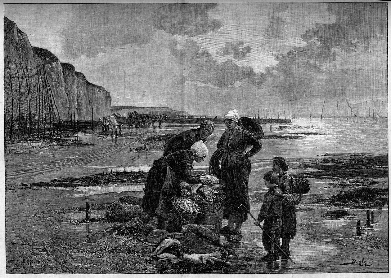 Fisket til Dieppe, lav hoppe. Gravering etter maleriet av Pierre Beyle (1838-1902) i "" The Illustrous World"" nr. 1327 av 2. september av Pierre Marie (after) Beyle