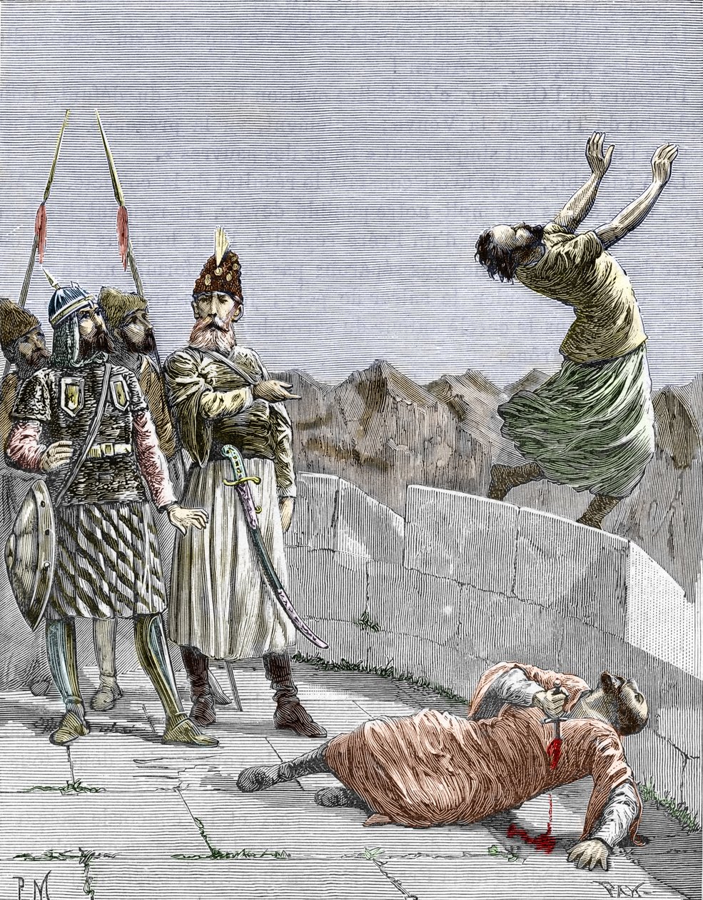 Ismaili-sekten i øst eller mordere grunnlagt av Hassan ibn al-Sabbah (1036-1124), kjent som fjellets gamle mann," rep beordret to av hans fanatiske tilhengere å drepe seg selv, Alamut, Persia, rundt 1096" (Nizari Ismailisme: representasjon av Has av Pierre Mejanel