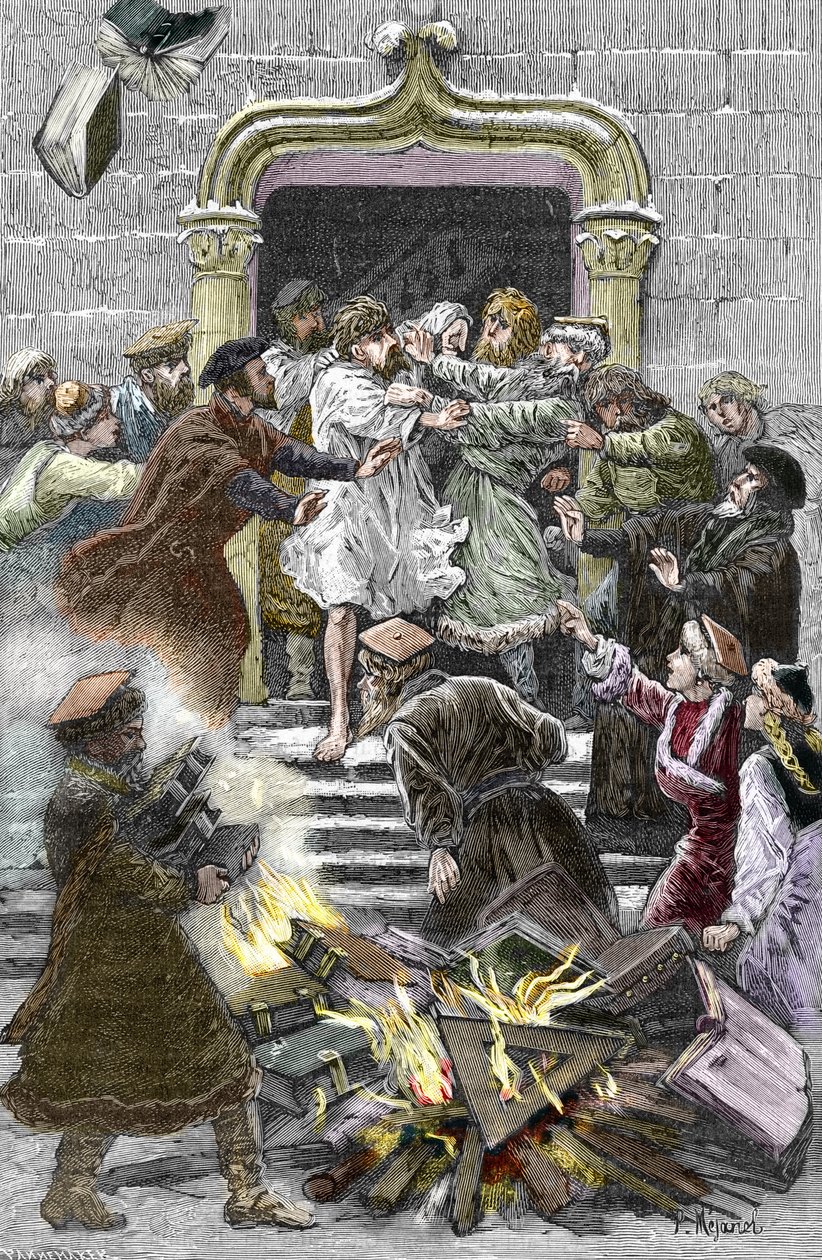 Socinianisme og den lille polske kirken: innbyggerne i Krakow brenner verkene til Faustus Socinus (Faust Socin eller Fausto Sozzini) (1539-1604) på det offentlige torget og forpliktet ham til å delta på autodafe i 1598 (Socinianism og polske brødre: brenni av Pierre Mejanel
