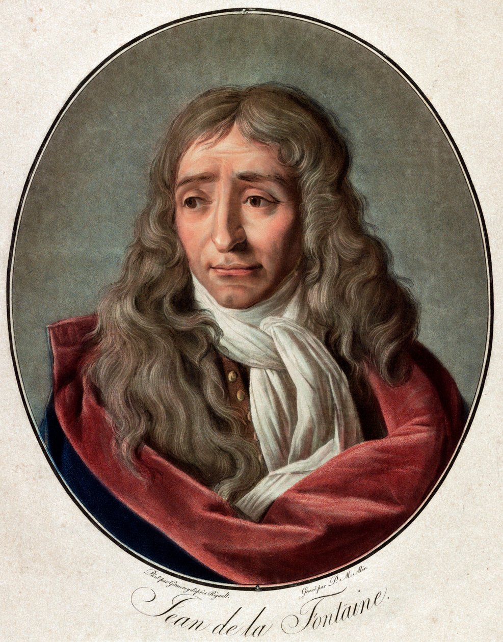 Portrett av Jean de La Fontaine (Lafontaine) (1621–1695), fransk poetgravering av Pierre Michel Alix (1762–1817) av Ambroise Louis Garnerey (1783–1857) av Pierre Michel Alix