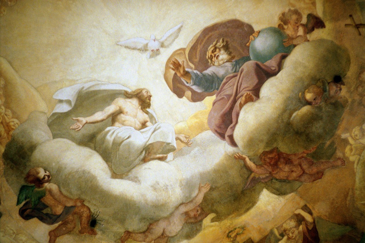 Detalj av maleriet av det indre av kuppelen som viser Den hellige treenighet, freskomaleri fra 1663-65, se også 252650 av Pierre Mignard