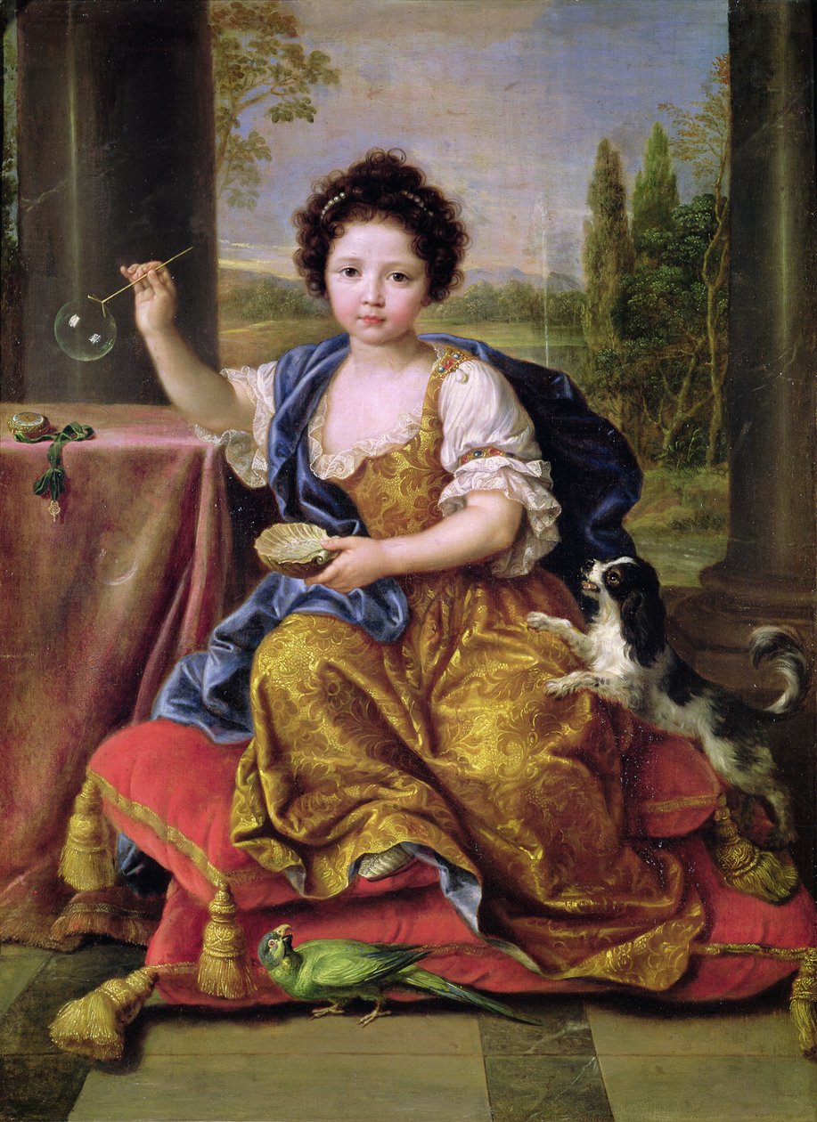 Marie-Anne de Bourbon (1666-1739) Mademoiselle de Blois, blåser såpebobler (olje på lerret) av Pierre Mignard
