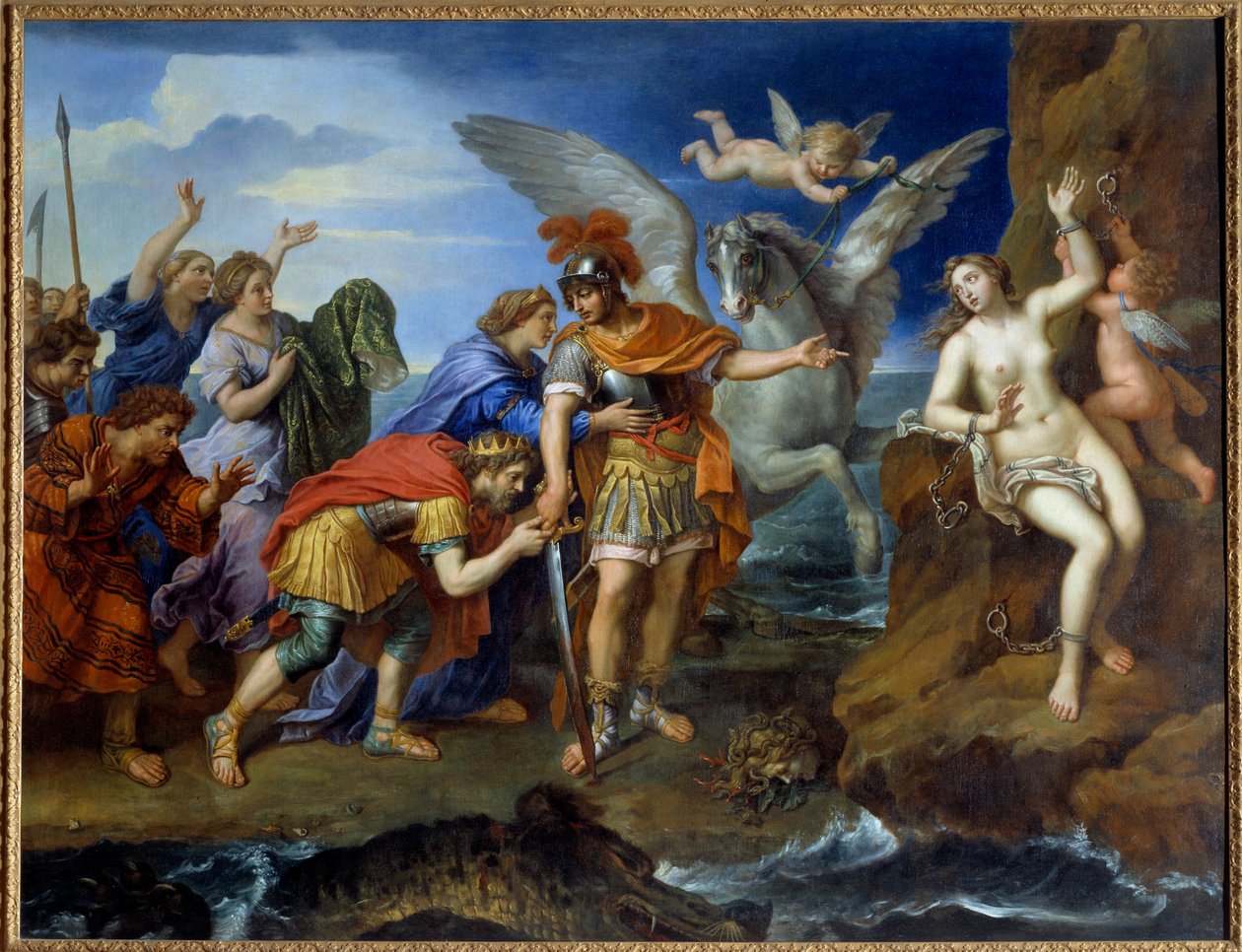 Persee leverer Andromede Andromeda lenket til en stein blir levert av Persee og redder det marine monsteret. Maleri av Pierre Mignard (1612-1695) 1600-tallet av Pierre Mignard