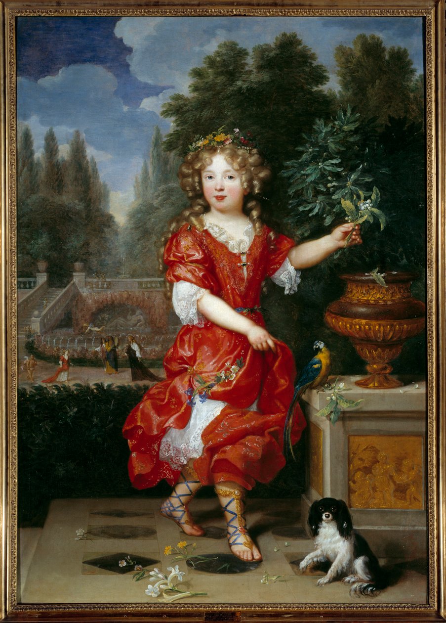 Portrett til fots av Mademoiselle de Blois (1666-1739) Marie Anne de Bourbon, datter av Louis XIV og Mademoiselle de la Valliere, fremtidig prinsesse av Conti Maleri av Pierre Mignard (1612-1695) 1600-talls søn. 1,38x0,98 m av Pierre Mignard