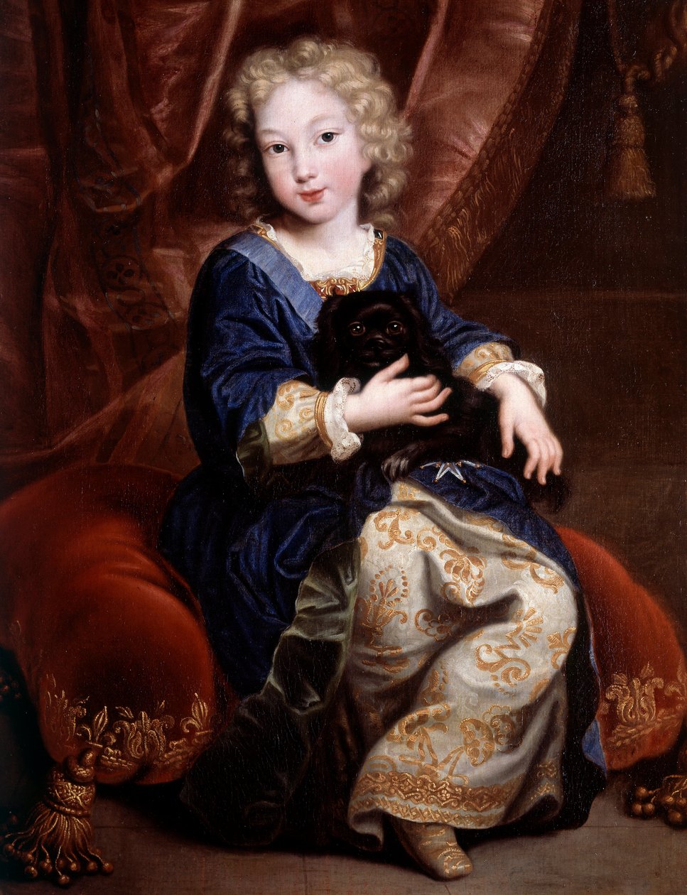 Portrett av Philippe av Frankrike, hertugen av Anjou (1683-1746) (fremtidig Philip V av Spania) skildrer barn med sin svarte hund Maleri av Pierre Mignard (1612-1695) av Pierre Mignard