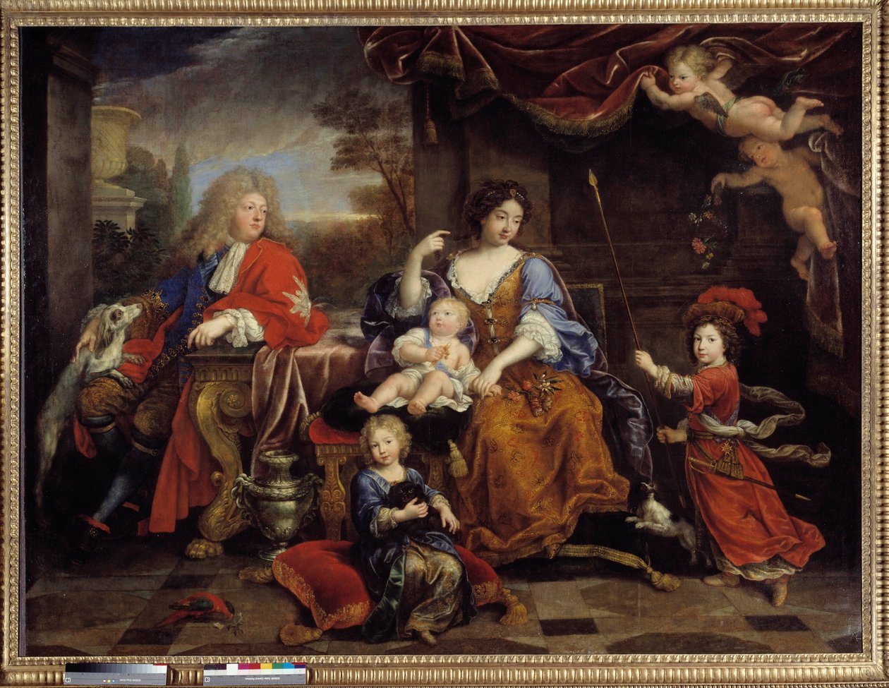 Familien til Louis av Frankrike (1661-1711) sønn av Ludvig XIV (1638-1715), kjent som Grand Dauphin"", i 1687"" Han var en representant med sin kone Marie Anne Christine de Baviere og deres barn Louis, Philippe (som ble Philip V fra Spania) og Char av Pierre Mignard