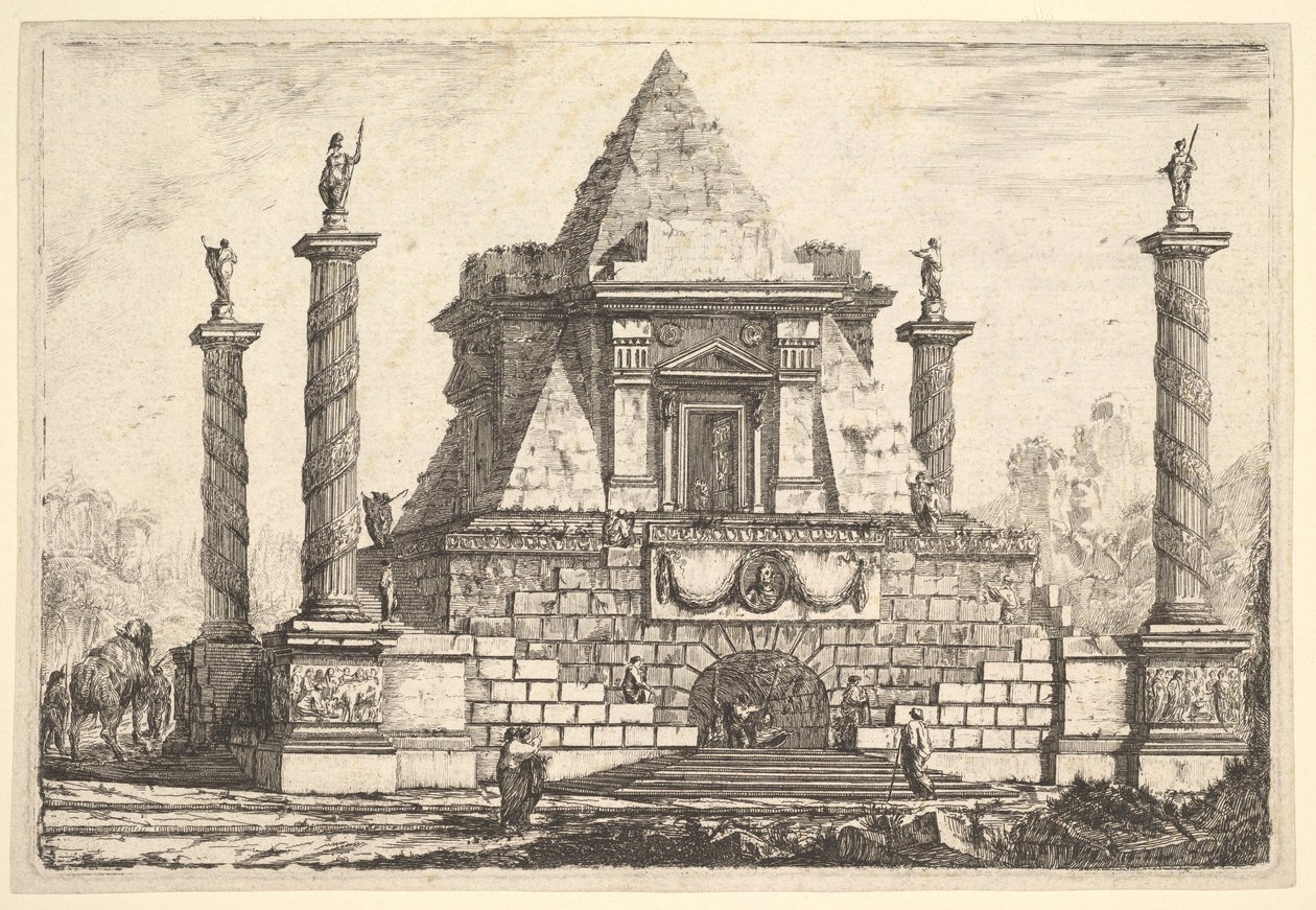 Imaginær arkitektur med kamel og figurer, etter Della Bella, 1700-tallet. av Pierre Moreau