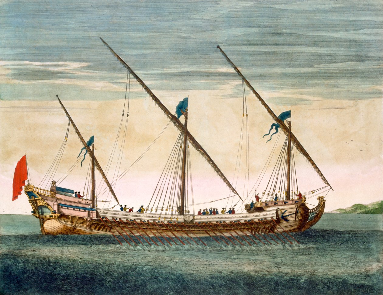 En tre-mastet Gallease på vei med åre, fra Le Naptune Francois, ca. 1693-1700 (håndfarget gravering) av Pierre Mortier