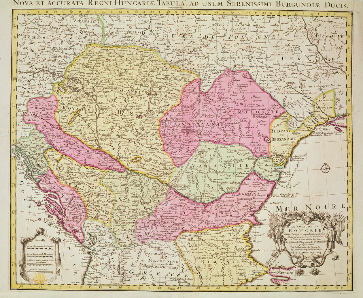 Kart over kongeriket Ungarn, 1742 (håndfarget gravering) av Pierre Mortier
