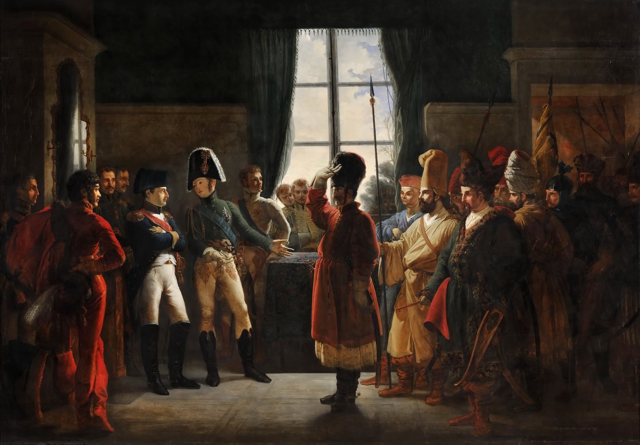 Tsar Alexander I presenterer kalmykene, kosakkene og basjkirene fra den russiske hæren til Napoleon I, Tilsit av Pierre Nolasque Bergeret