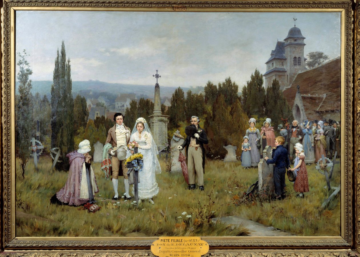 Piete datterselskap Wedding Scene, de unge brudene samles på graven til den avdøde faren til en av de unge brudene. Maleri av Pierre Otin (1840-1899) 1800-tallet. Fecamp, museumssenter for kunst av Pierre Outin