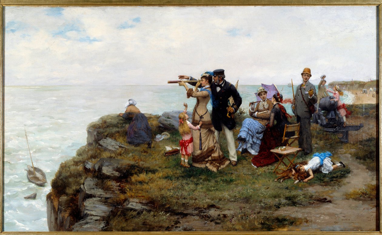 Etretat-klippene Turister som går på klippene. Maleri av Pierre Otin (1840-1899) 1878 privat samling av Pierre Outin