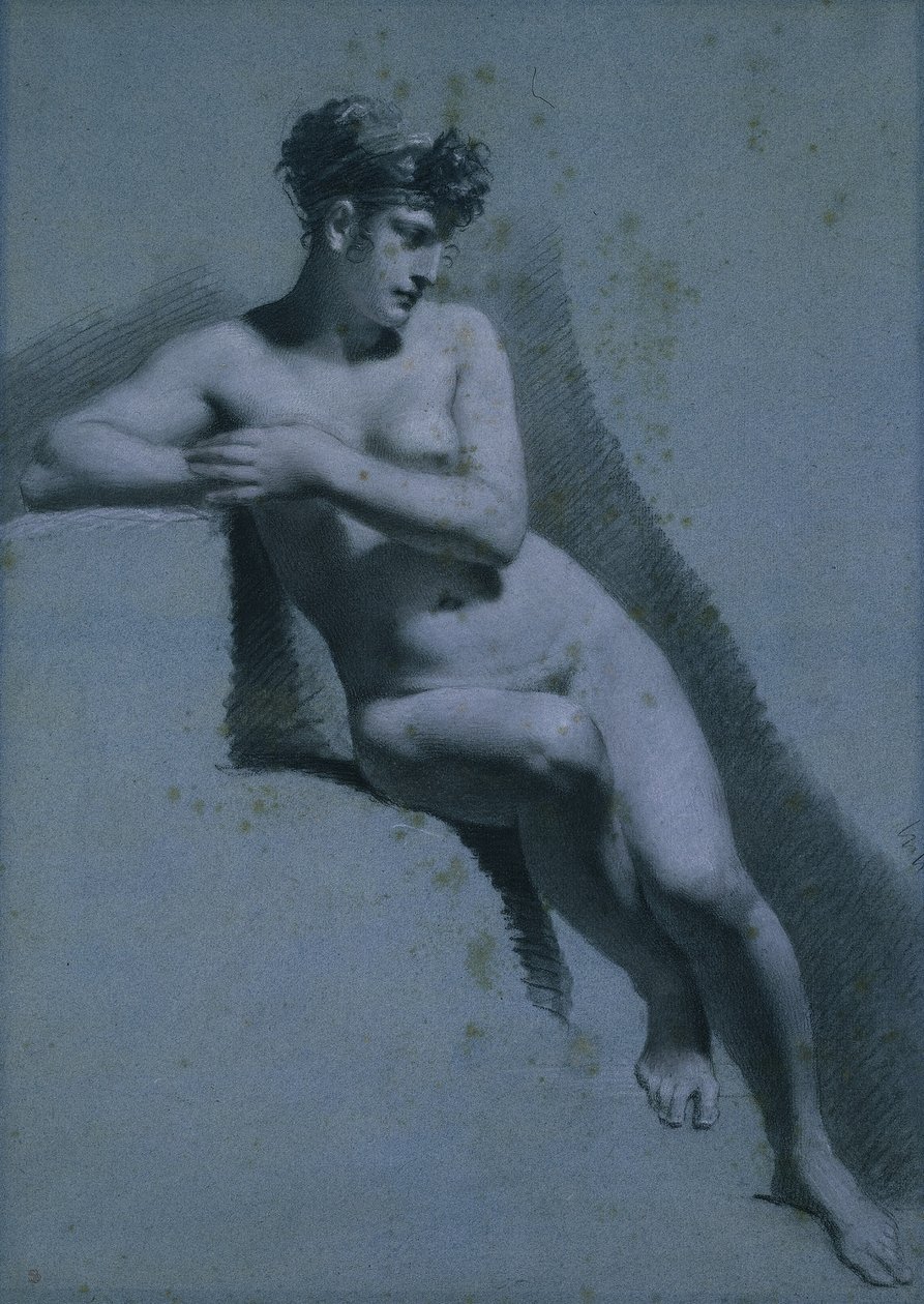 Studie av en naken kvinne, sittende ser til høyre (recto) av Pierre Paul Prud