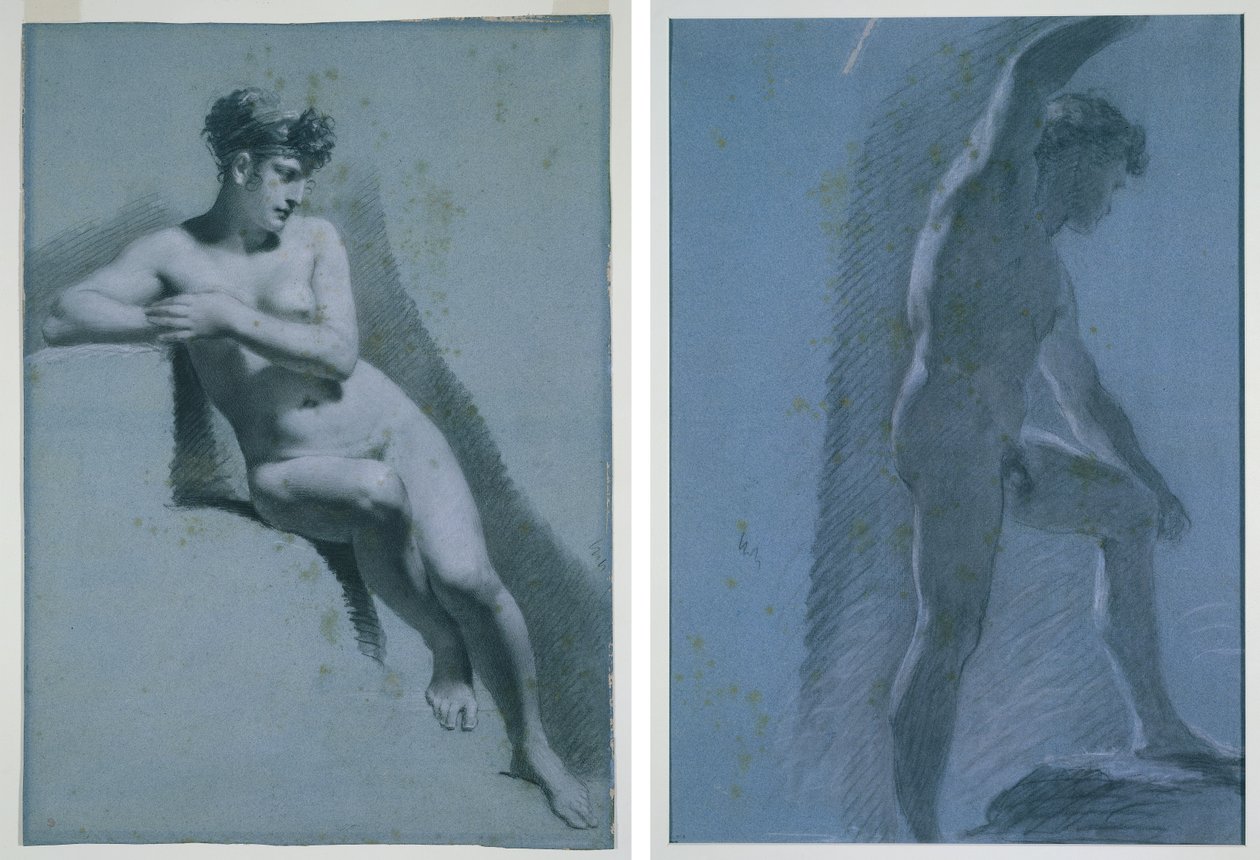 Studie av en naken kvinne, sittende ser til høyre (recto) Studie av en mannlig naken (verso) av Pierre Paul Prud