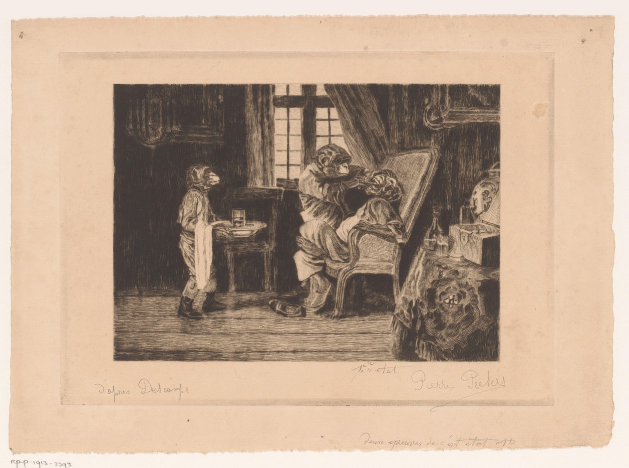 Satirisk skildring av aper som tannlege, assistent og pasient av Pierre Peeters (signed by artist)