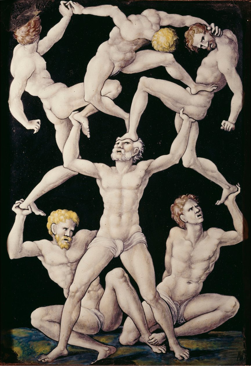 Plakett med akrobater, ca. 1550 (malt emalje på kobber) av Pierre Penicaud