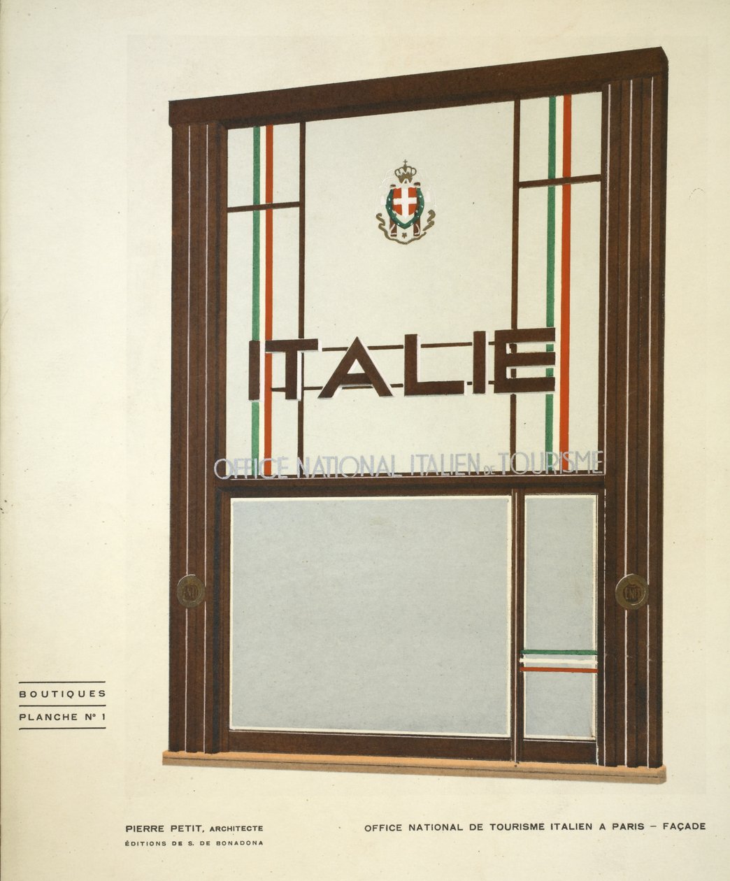 Office National de Tourisme Italien A Paris, Pierre Petit, Boutiques, Henry Delacroix, Editions S De Bonadona, Paris, slutten av 1920-tallet, Pochoir Print av Pierre Petit