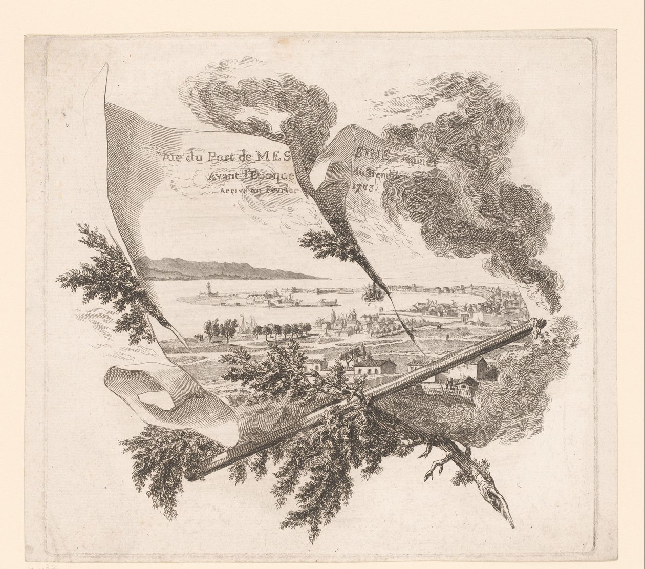 Zicht op de haven van Messina Utsikt over havnen i Messina tegnet før jordskjelvet kom i februar 1783. (tittel på objekt) av Pierre Philippe Choffard (attributed to)