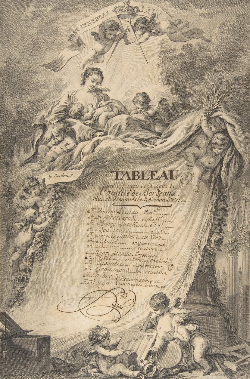 Diplom for frimurerne i Bordeaux, etter François Boucher, 1766. av Pierre Philippe Choffard