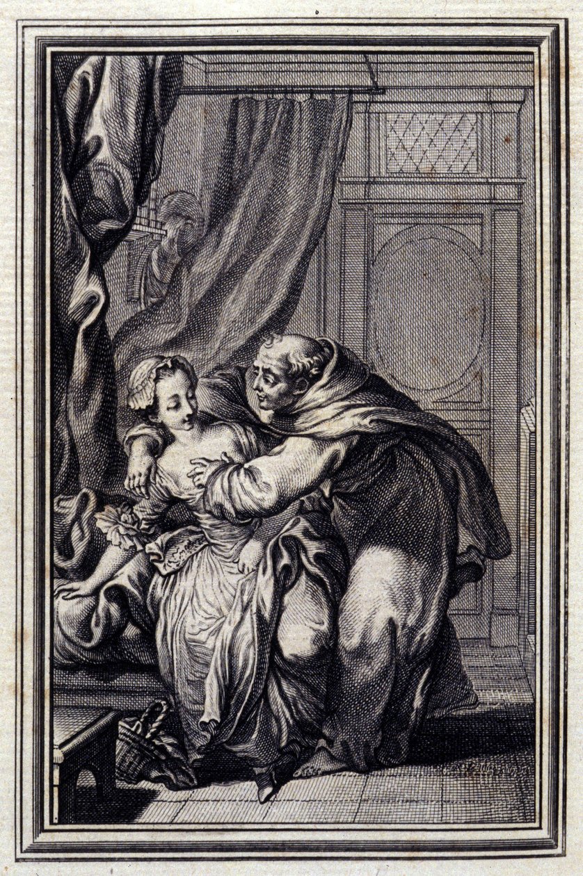 Hvordan ånden kommer til jenter. i "" Tales et nouvelles en verse"" av Jean La Fontaine. 1776. Illustrasjon av P.P. Choffard. av Pierre Philippe Choffard