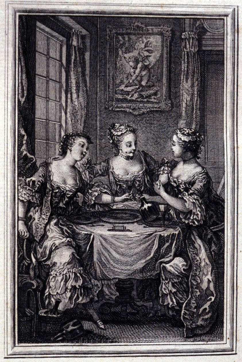 La Gageure des trois commeres - i "" Fortellinger og noveller på vers"" av Jean La Fontaine. 1776. Illustrasjon av P.P. Choffard. av Pierre Philippe Choffard
