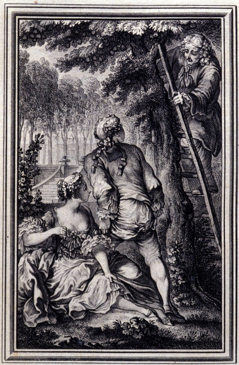 La Gageure des trois commeres - i "" Fortellinger og noveller på vers"" av Jean La Fontaine. 1776. Illustrasjon av P.P. Choffard. av Pierre Philippe Choffard
