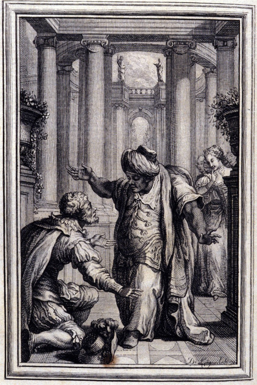 Den lille hunden som skyter penger og steiner - i "" Fortellinger og noveller på vers"" av Jean La Fontaine. 1776. Illustrasjon av P.P. Choffard. av Pierre Philippe Choffard
