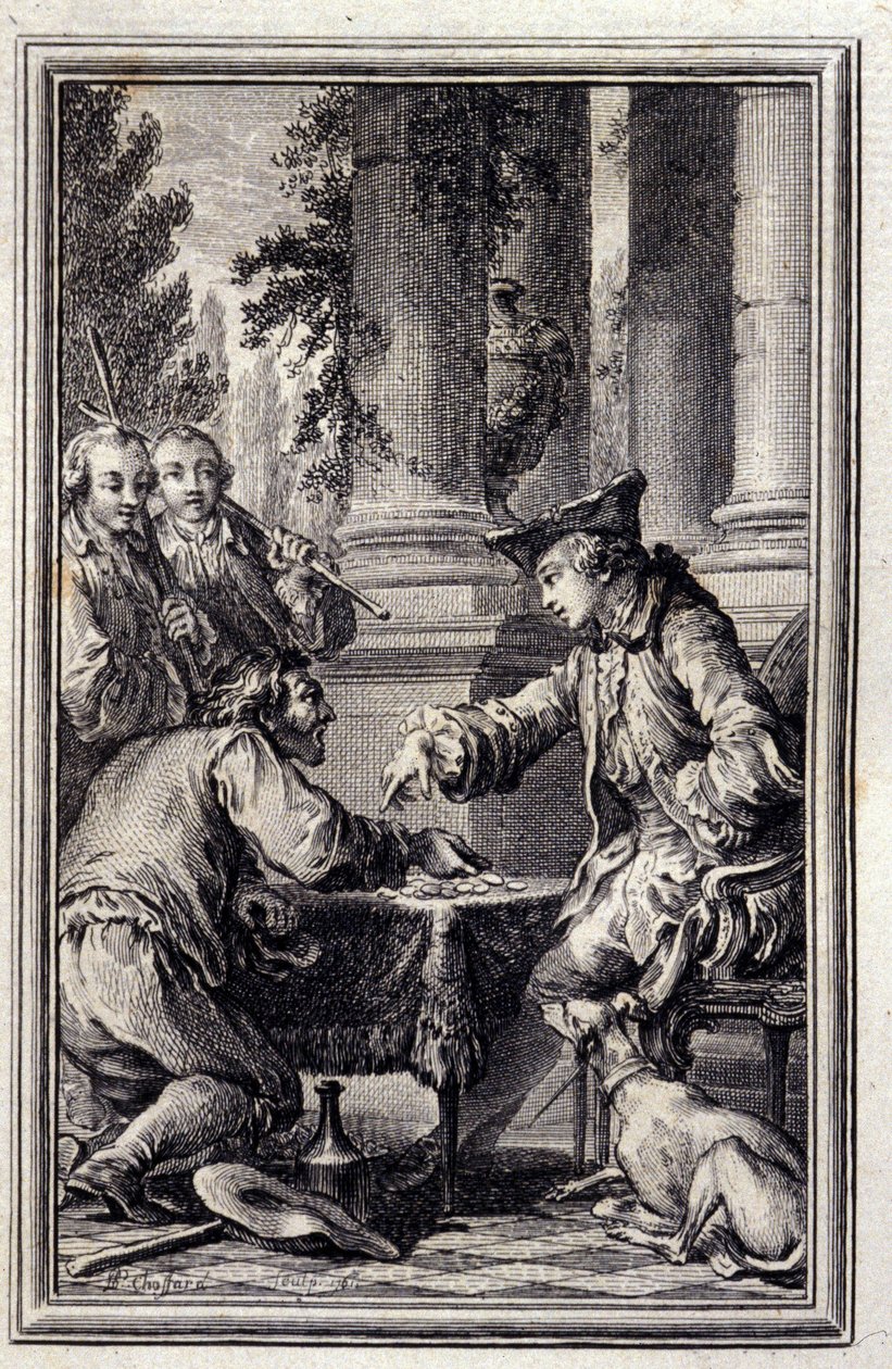 Fortelling om en bonde som hadde fornærmet sin Herre - i "Fortellinger og nyheter på vers" av Jean La Fontaine. 1776. Illustrasjon av P.P. Choffard. av Pierre Philippe Choffard
