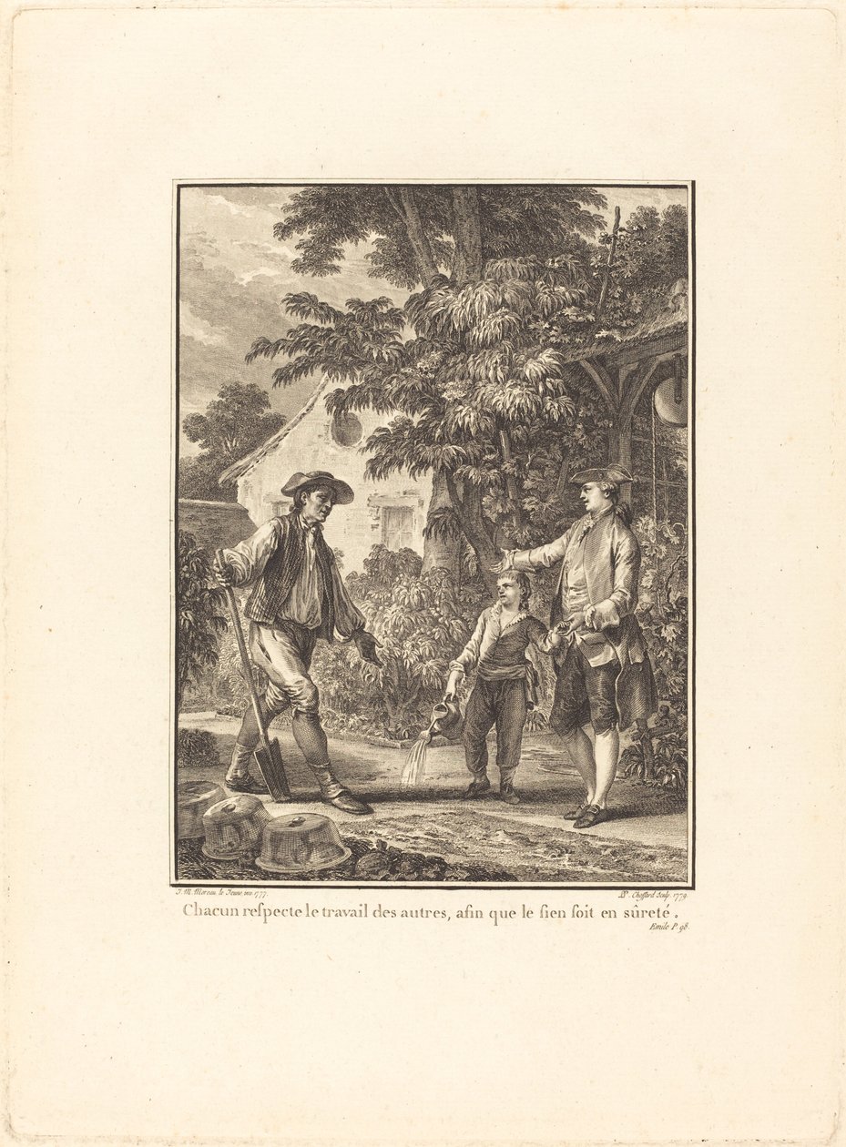 Alle respekterer andres arbeid, slik at brystet er trygt av Pierre Philippe Choffard after Jean Michel Moreau