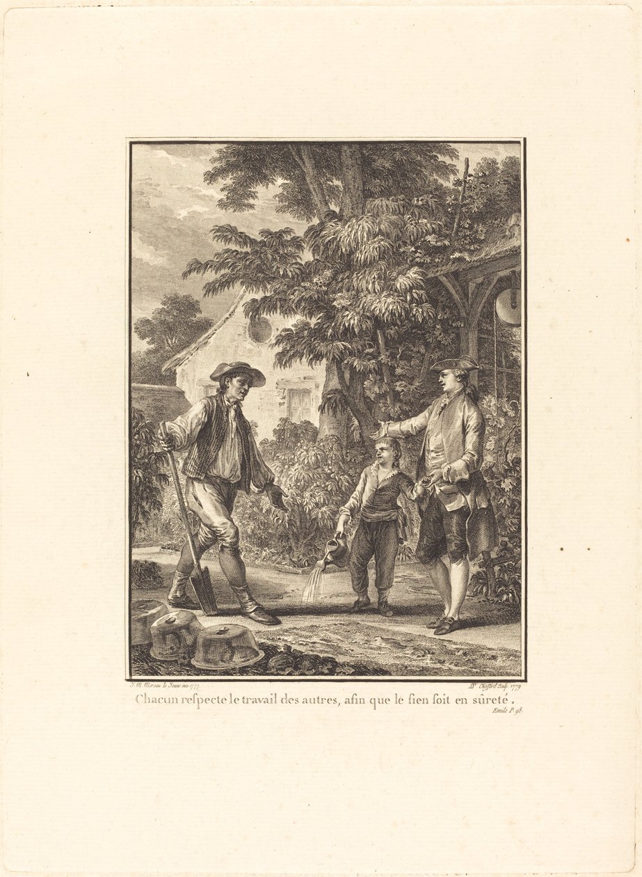 Alle respekterer andres arbeid, slik at hans eget er trygt av Pierre Philippe Choffard after Jean Michel Moreau