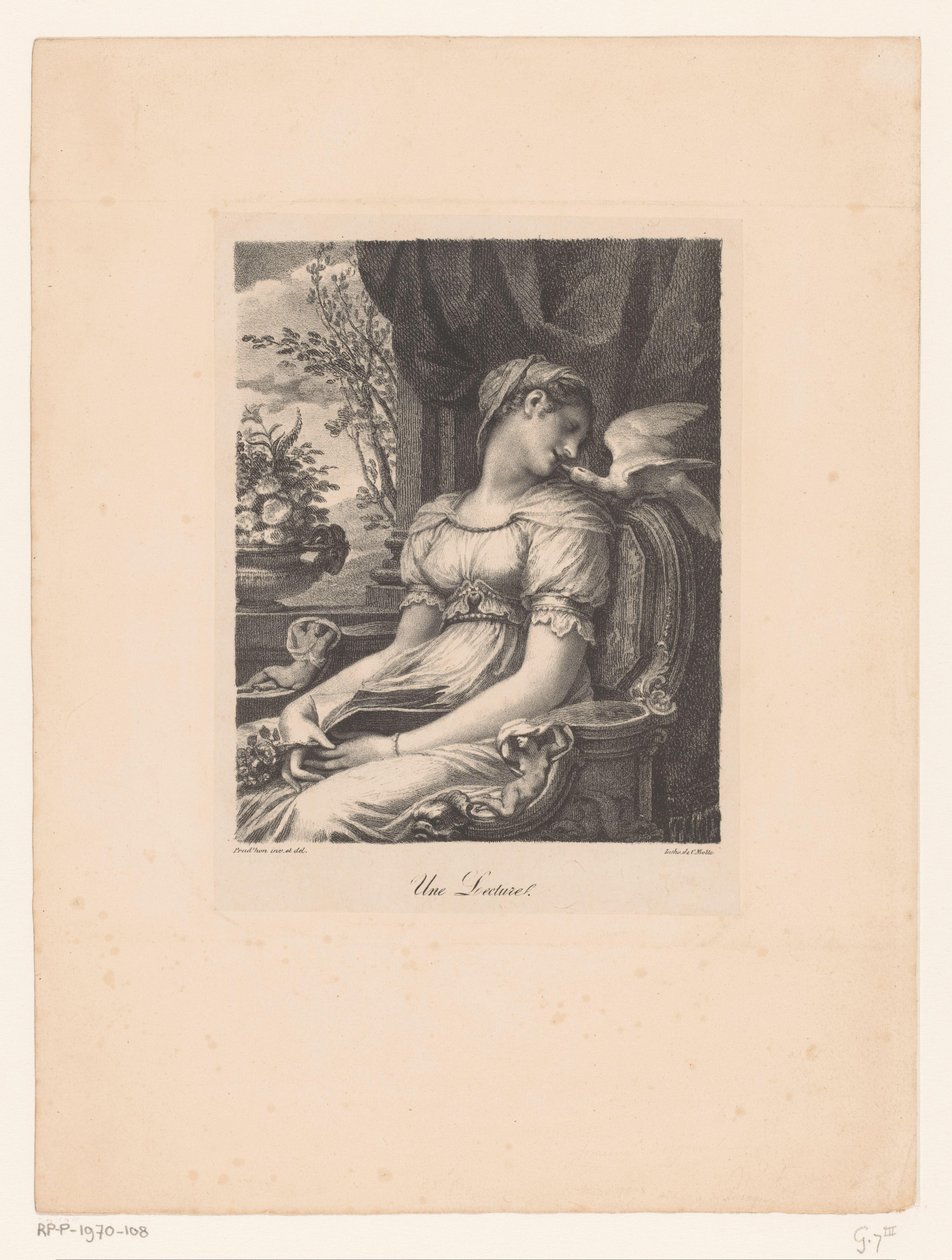 Sittende kvinne med bok og hvit fugl Une forelesning (tittel på objekt) av Pierre Prud