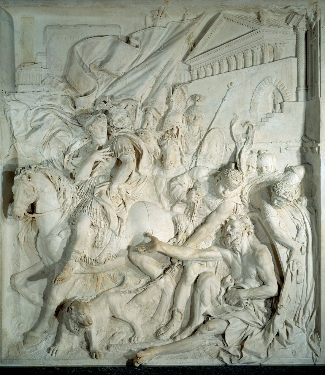 Alexander den store (356 f.Kr.-323 f.Kr.) møter den greske filosofen Diogene den kyniker (413 f.Kr.-327 f.Kr.) i sin tønne”” Basrelieffmarmor av Pierre Puget (1620-1694) 1693. Fra Salle-nedstigningen Suisse (Louvre) ). Paris, Louvre-museet av Pierre Puget