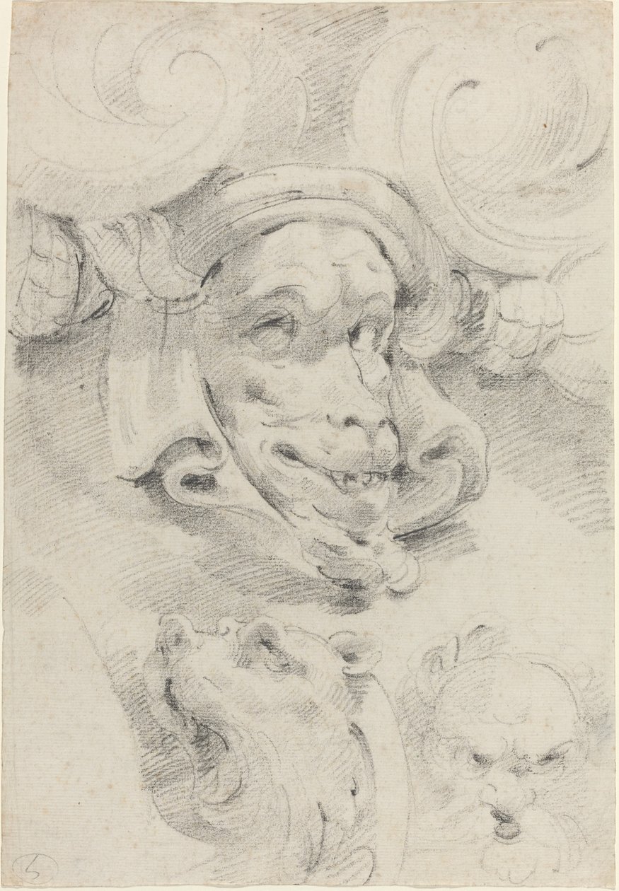 Ornamental skisser med groteske masker av Pierre Puget