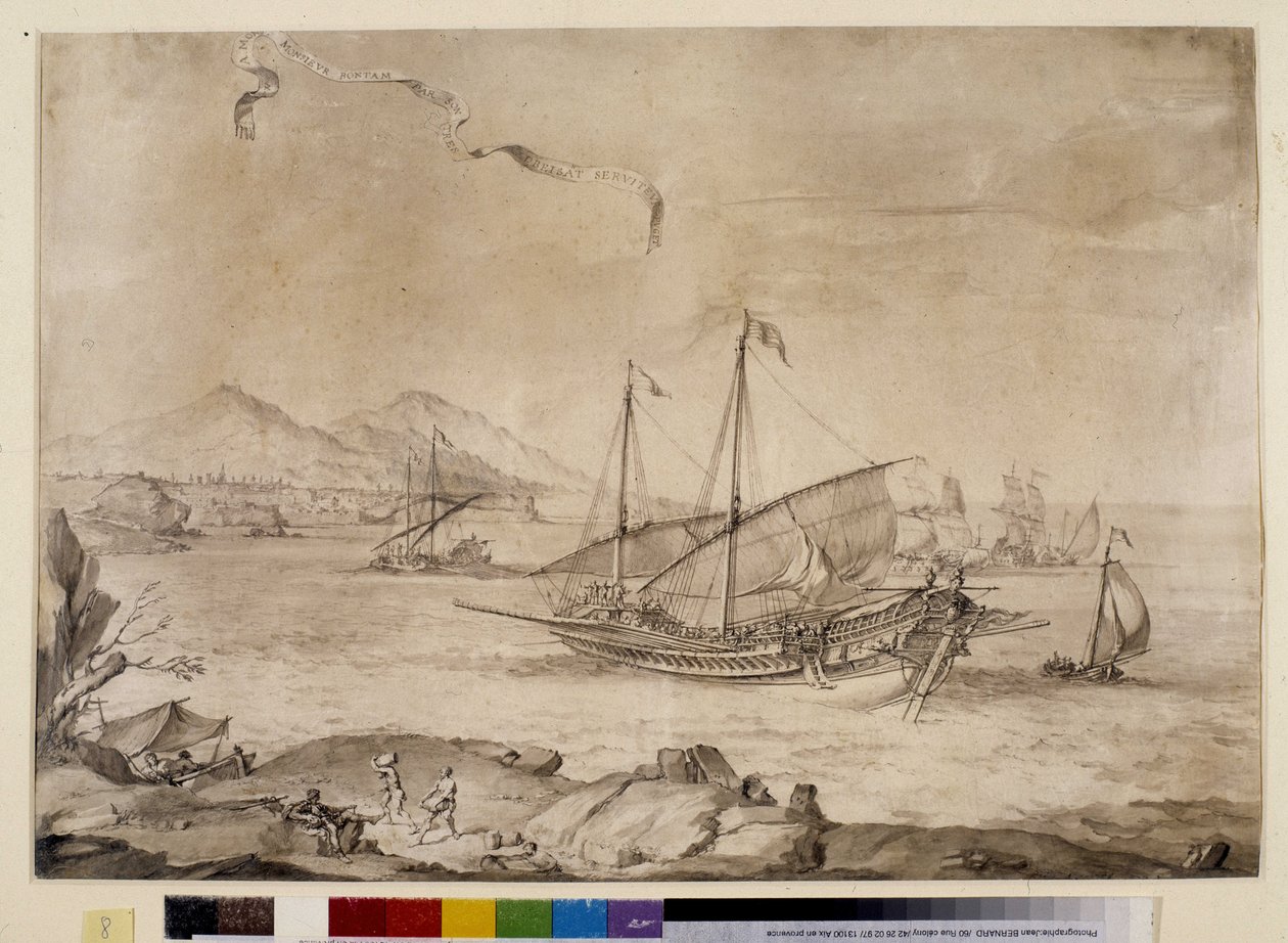 Skip i havnen i Marseille - med patronen (tegning) av Pierre Puget
