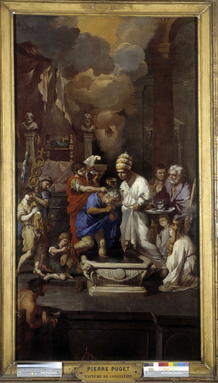Dåpen til Konstantin: Keiser Caius Flavius Valerius Aurelius Constantinus mottar nadverden av pave Sylvester I (helgen), i Johannes Lateranbasilikaen i Roma av Pierre Puget