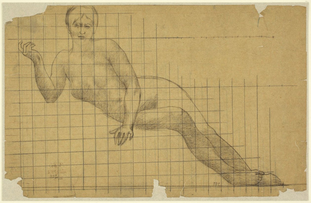 Liggende kvinnelig akt, speilvendt studie til en figur i Sorbonnes halvsirkel: Litteratur, vitenskap og kunst, Sorbonne, Paris av Pierre Puvis de Chavannes