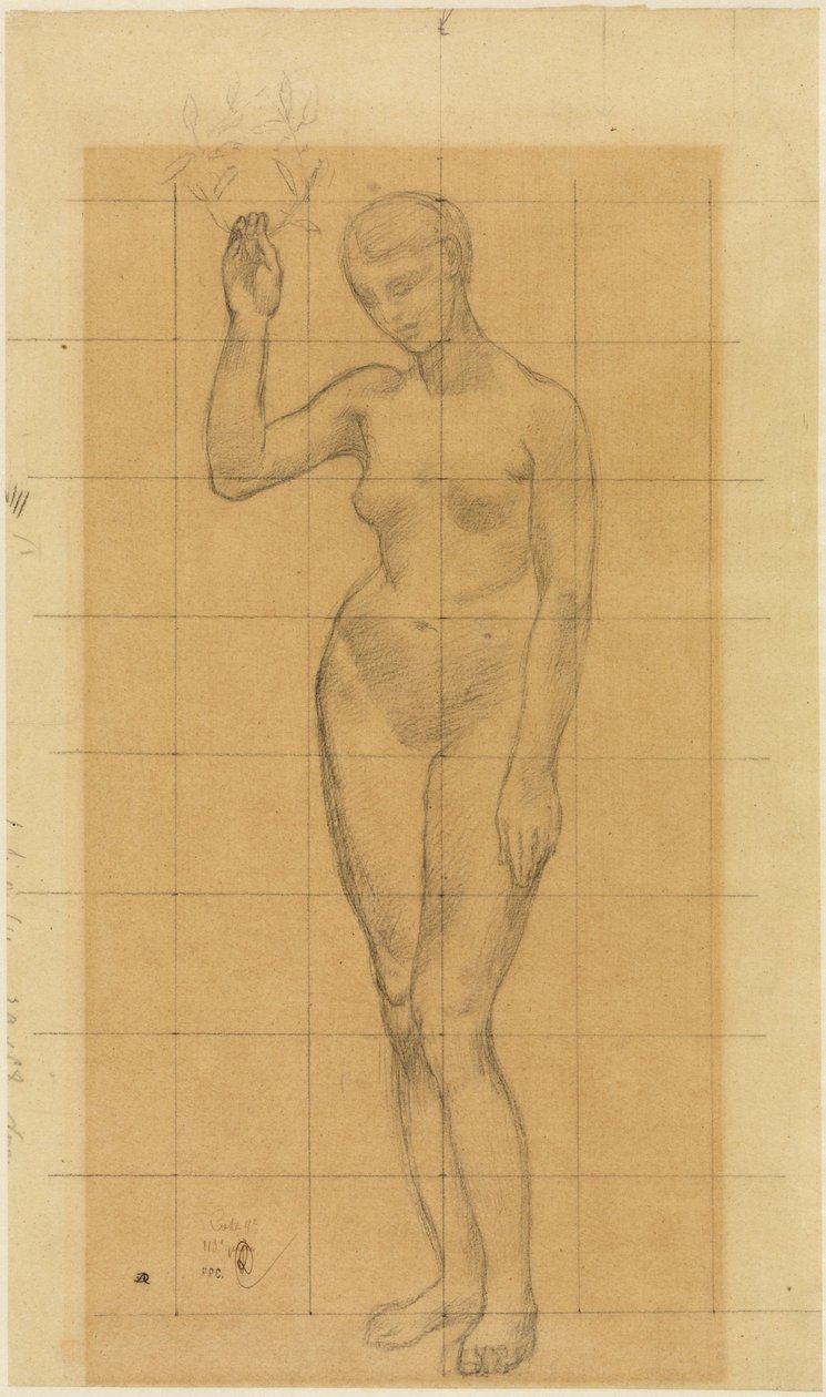 Stehender Frauenakt, schräg nach links, einen Kranz in der erhobenen Rechten av Pierre Puvis de Chavannes