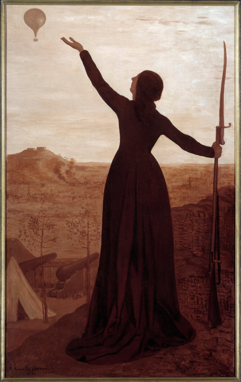 Ballen. Inskripsjon på rammen: "Byen Paris investert overlater til luften sin oppfordring til Frankrike". En kvinne som holder en bajonett viser en ballong på himmelen. Maleri av Pierre Puvis De Chavannes (1824-1898) av Pierre Puvis de Chavannes