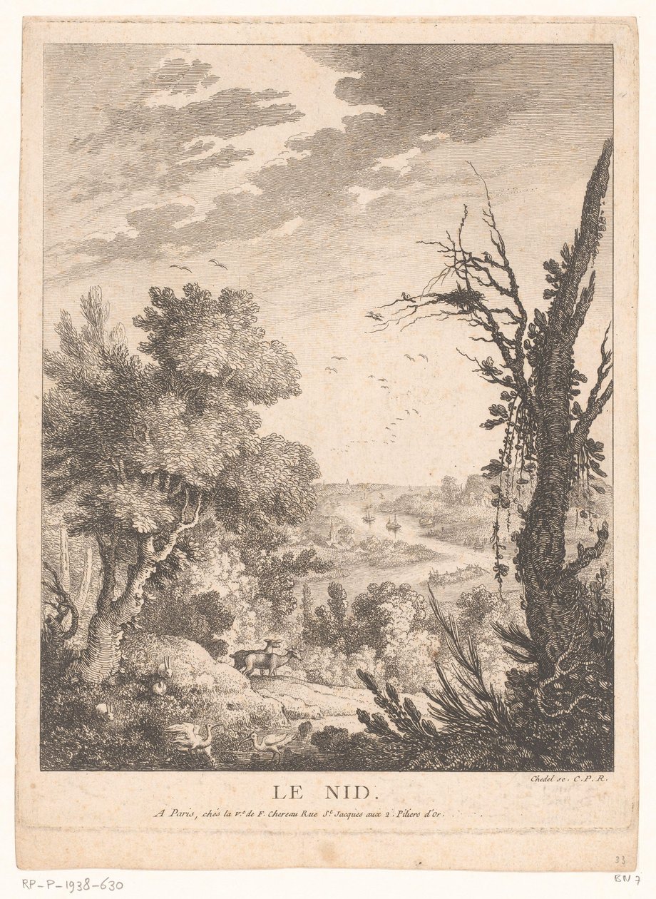 Landskap med hjort, kaniner og fugler og en elv i bakgrunnen Le Nid (tittel på objekt) av Pierre Quentin Chedel