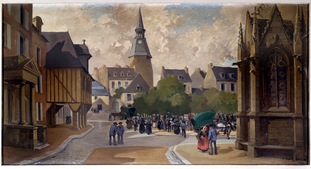Kalvemarkedet på Place St Sauveur, Dinan - av P. Raig Hasse av Pierre Raighasse