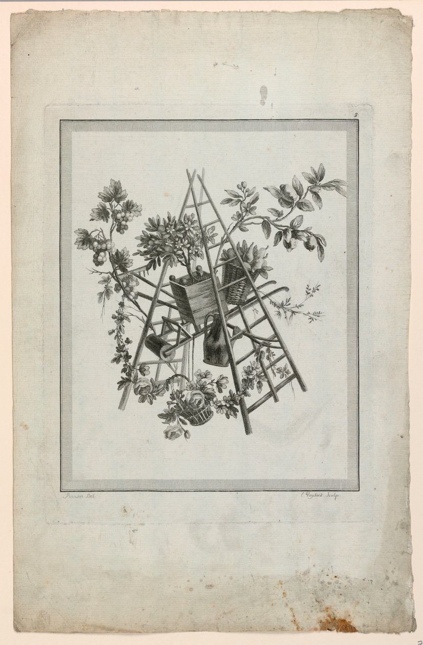 Trophy with Instruments of Gardening, Plate 2 fra "Suite of Different Attributes, Trophies and Flower Groups," Suite II av Pierre Ranson
