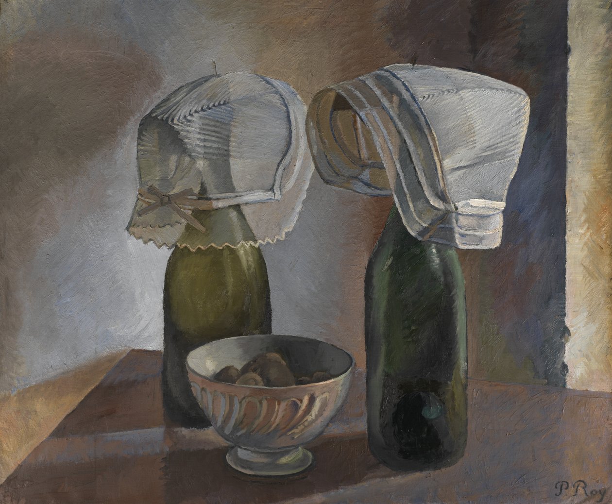 Stilleben med flasker og bretonsk panser, ca. 1924 (olje på lerret) av Pierre Roy