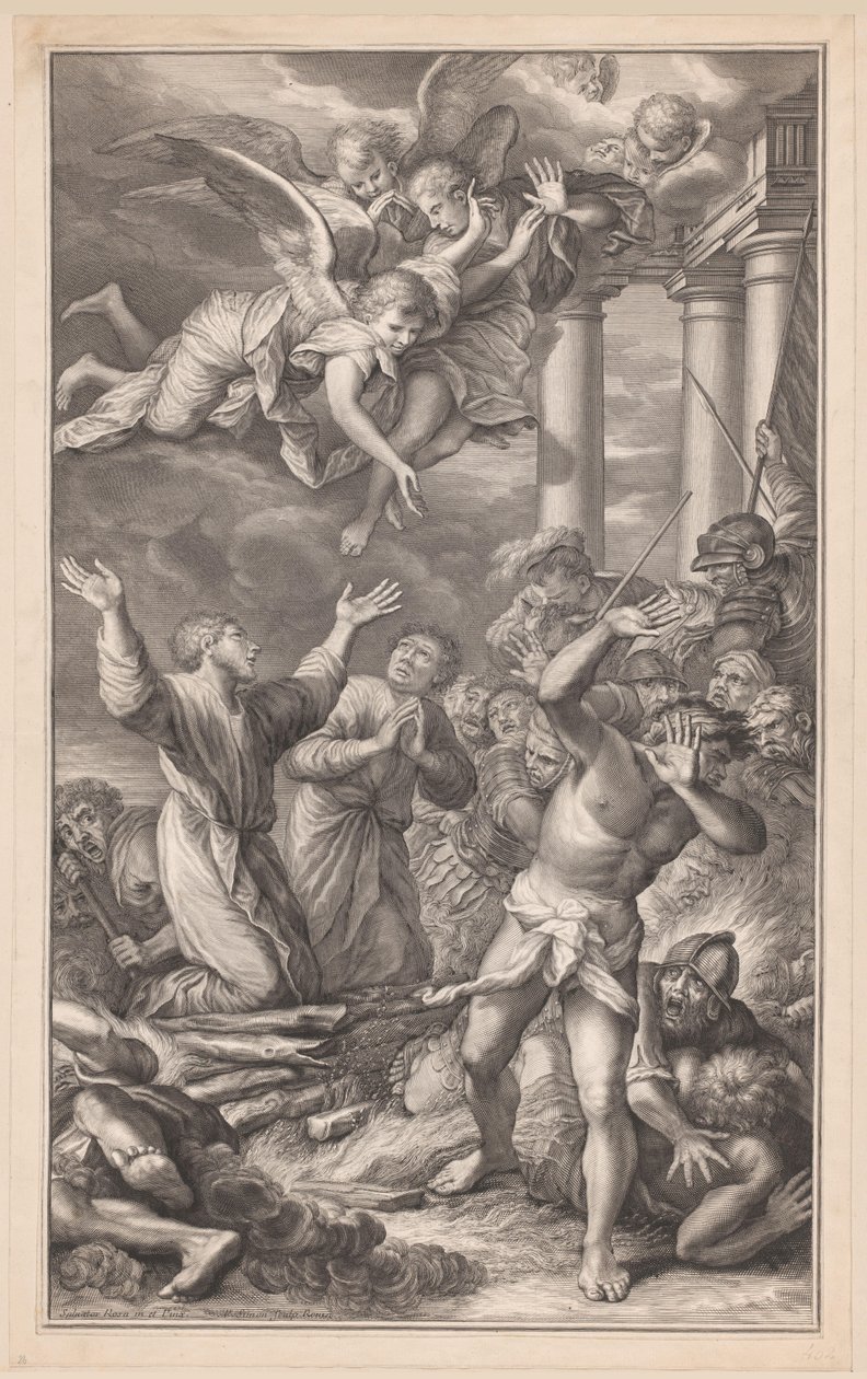 Cosmas og Damianus brant på bålet, omgitt av soldater og engler av Pierre Simon (I)