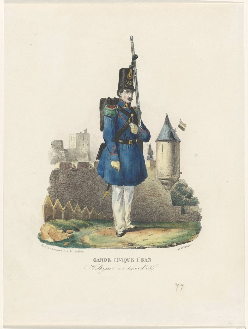 Belgiske burgerwacht op wacht, 1830 Civic Guard 1r Ban / Voltigeur i sommerkjole (tittel på objekt) av Pierre Simonau